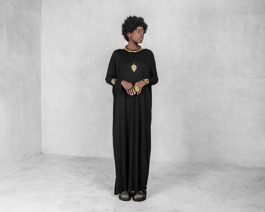 Kara Maxi Long Sleeve Black Organic Bamboo – Traveling Black Dress