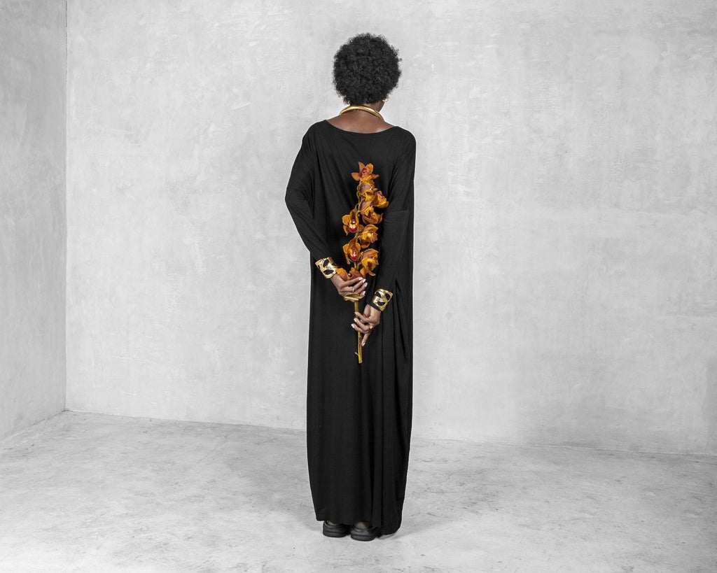 Kara Maxi Long Sleeve Black Organic Bamboo – Traveling Black Dress