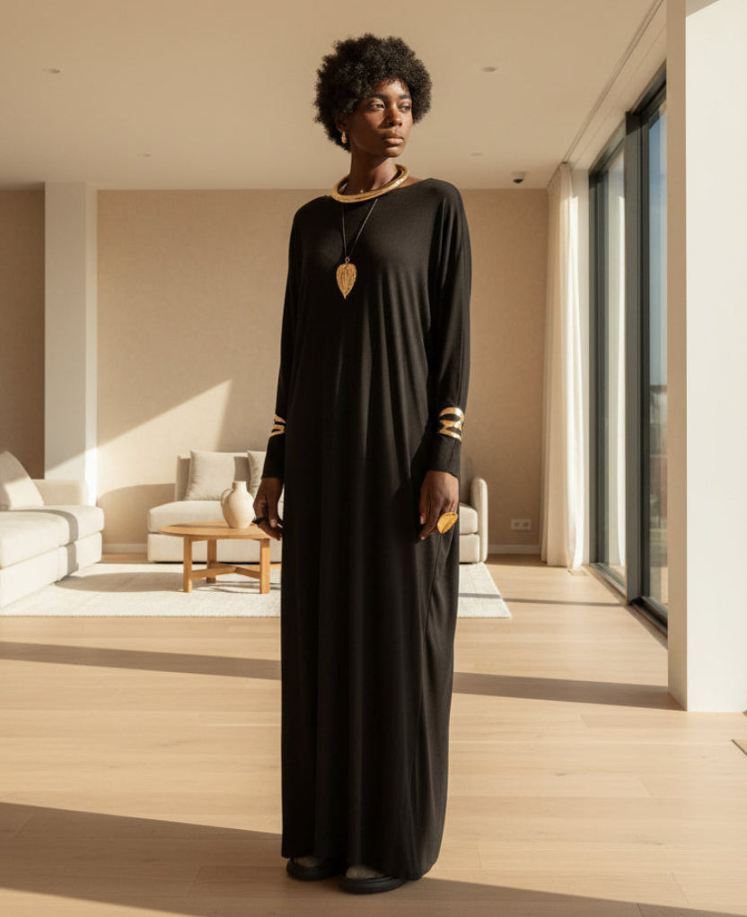 Kara Maxi Dress Long Sleeve Black Bamboo Jersey – Traveling Black Dress